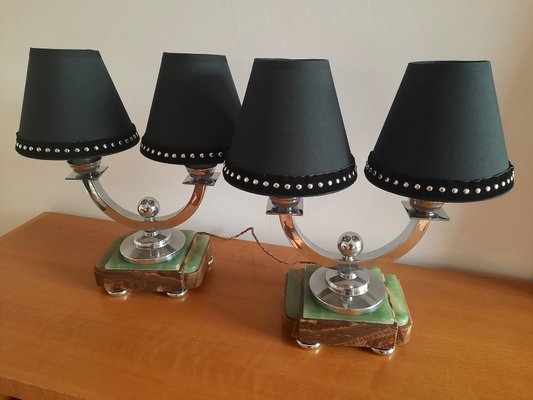 Art Deco Onyx & Chrome-Plated Brass Table Lamps, 1930s, Set of 2-AWH-850443