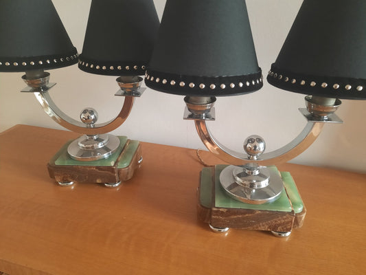 Art Deco Onyx & Chrome-Plated Brass Table Lamps, 1930s, Set of 2