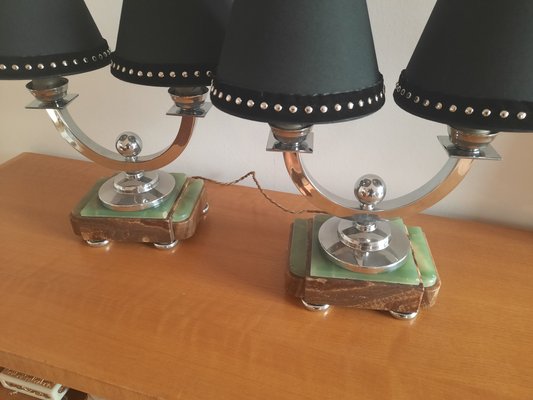 Art Deco Onyx & Chrome-Plated Brass Table Lamps, 1930s, Set of 2-AWH-850443