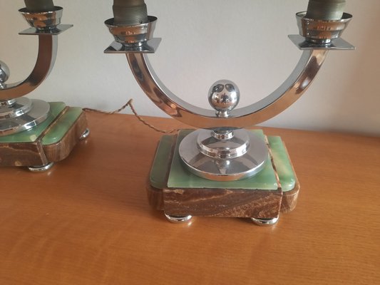 Art Deco Onyx & Chrome-Plated Brass Table Lamps, 1930s, Set of 2-AWH-850443