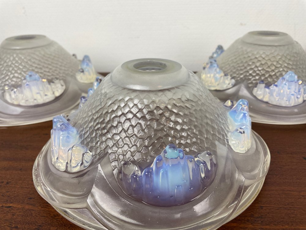 Art Deco Opalescent Pressed Ice Glass Lampshades from Ezan, France, 1930s, Set of 4