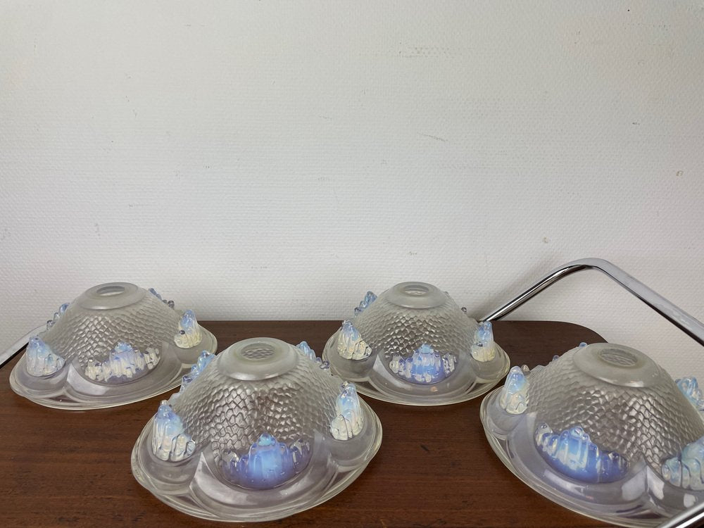 Art Deco Opalescent Pressed Ice Glass Lampshades from Ezan, France, 1930s, Set of 4