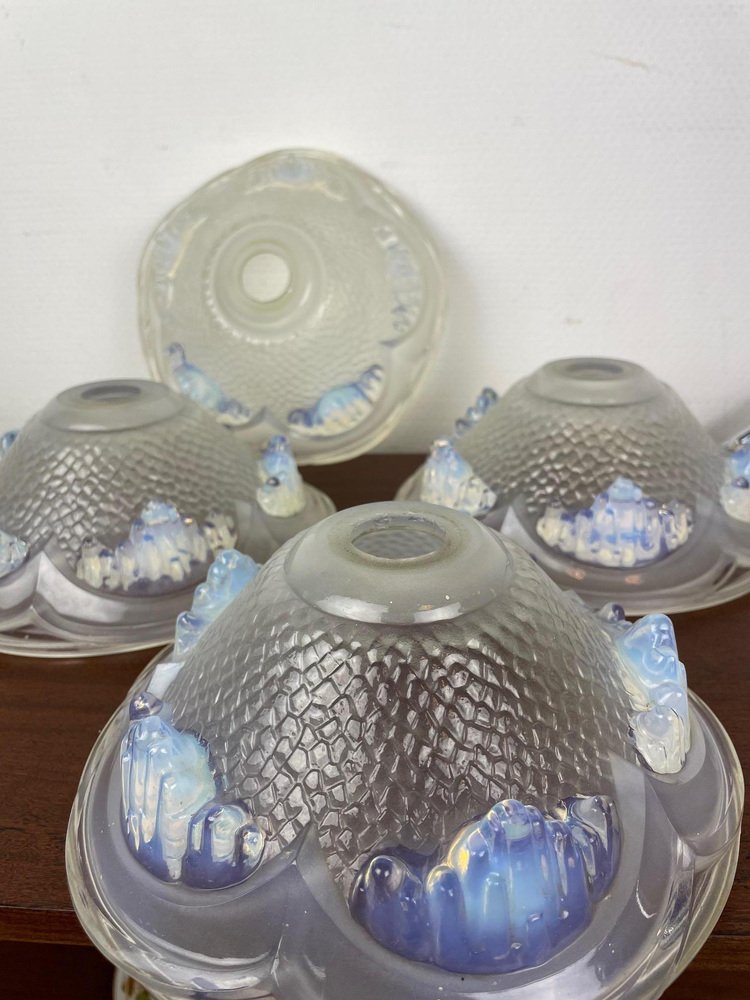 Art Deco Opalescent Pressed Ice Glass Lampshades from Ezan, France, 1930s, Set of 4