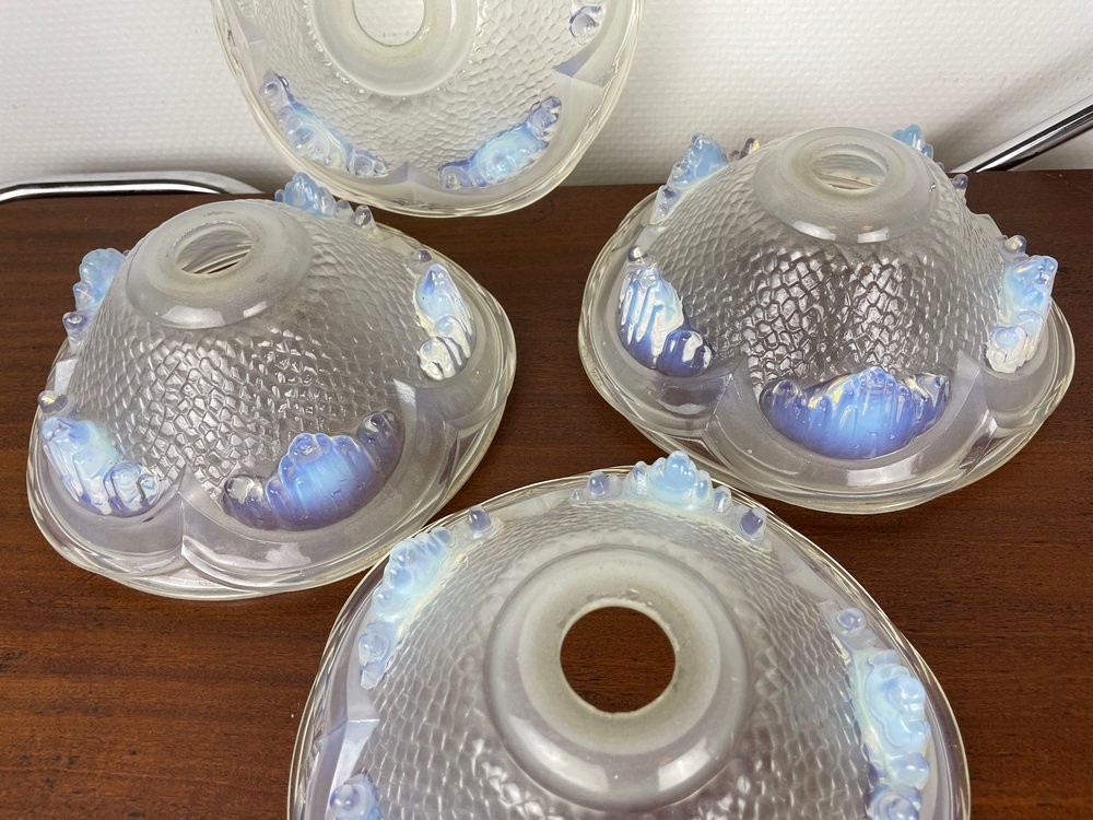 Art Deco Opalescent Pressed Ice Glass Lampshades from Ezan, France, 1930s, Set of 4