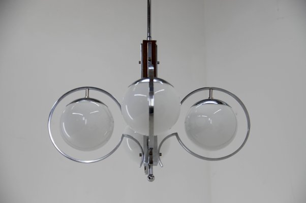 Art Deco Opaline Glass, Wood and Chrome Chandelier, 1930s-TZ-1271595