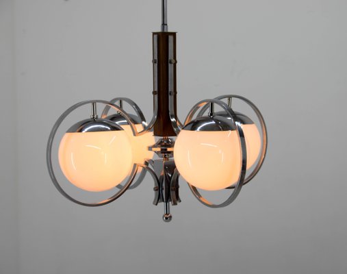 Art Deco Opaline Glass, Wood and Chrome Chandelier, 1930s-TZ-1271595