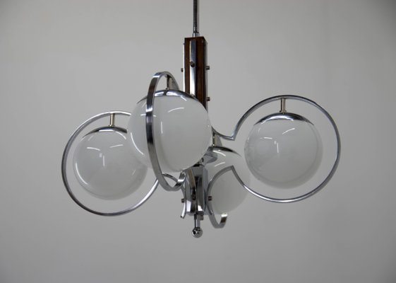 Art Deco Opaline Glass, Wood and Chrome Chandelier, 1930s-TZ-1271595