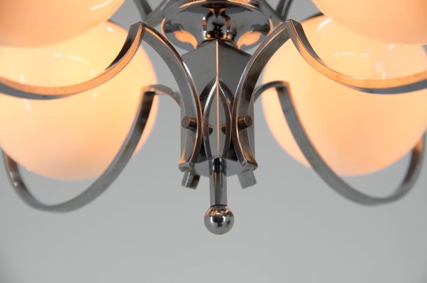 Art Deco Opaline Glass, Wood and Chrome Chandelier, 1930s-TZ-1271595