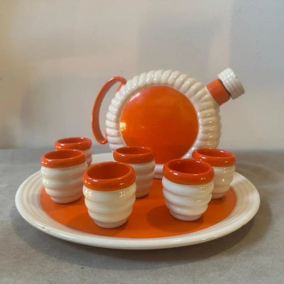 Art Deco Orange and White Ceramic Rosolio Service by Rome Umbertide, 1930s, Set of 8-NMK-1821218