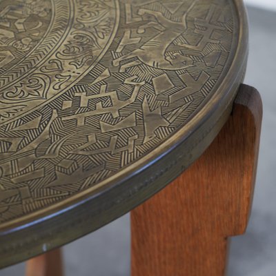 Art Deco Orientalist Gueridon Table with Embossed Brass Top, 1930s-LPQ-1798577