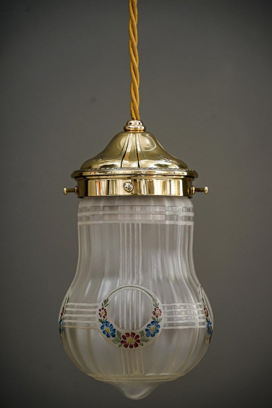 Art Deco Painted Glass Shade Pendant, Vienna, 1920s