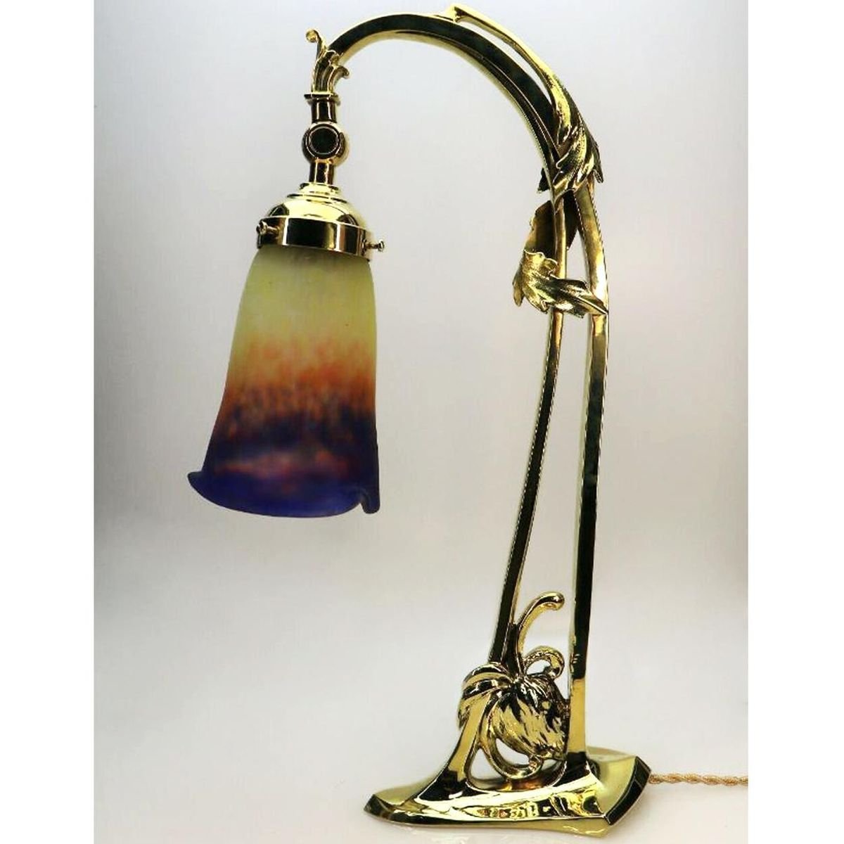 Art Deco Pate De Verre Brass & Glass Table Lamp from Muller Fres, 1910s