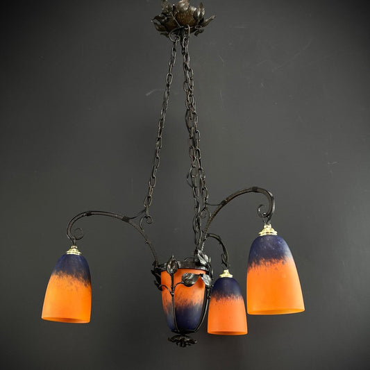 Art Deco Pate De Verre Ceiling Lamp attributed to Schneider, France, 1930s