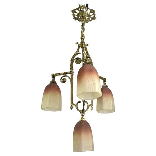 Art Deco Pate De Verre Hanging Lamp in Bronze, 1930s