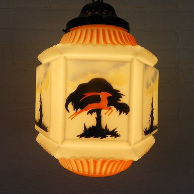 Art Deco Pendant Lamp with Glass Shade with Nature Scenes, 1930s-TL-2034829