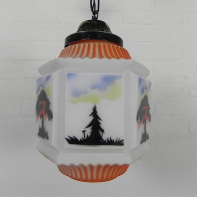 Art Deco Pendant Lamp with Glass Shade with Nature Scenes, 1930s-TL-2034829