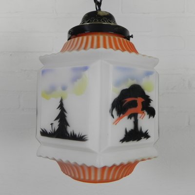 Art Deco Pendant Lamp with Glass Shade with Nature Scenes, 1930s-TL-2034829