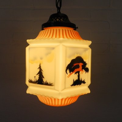 Art Deco Pendant Lamp with Glass Shade with Nature Scenes, 1930s-TL-2034829