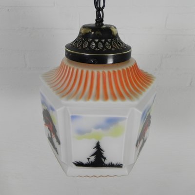 Art Deco Pendant Lamp with Glass Shade with Nature Scenes, 1930s-TL-2034829