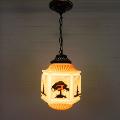 Art Deco Pendant Lamp with Glass Shade with Nature Scenes, 1930s-TL-2034829