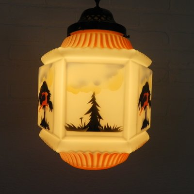 Art Deco Pendant Lamp with Glass Shade with Nature Scenes, 1930s-TL-2034829