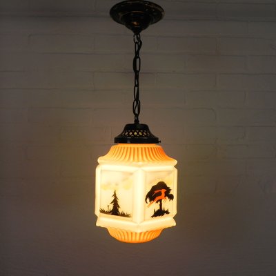 Art Deco Pendant Lamp with Glass Shade with Nature Scenes, 1930s-TL-2034829