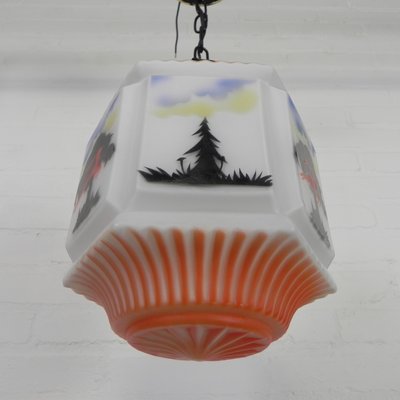 Art Deco Pendant Lamp with Glass Shade with Nature Scenes, 1930s-TL-2034829