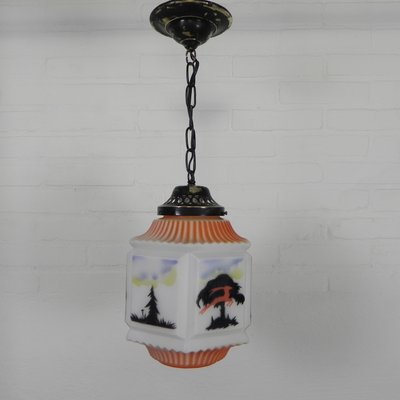 Art Deco Pendant Lamp with Glass Shade with Nature Scenes, 1930s-TL-2034829