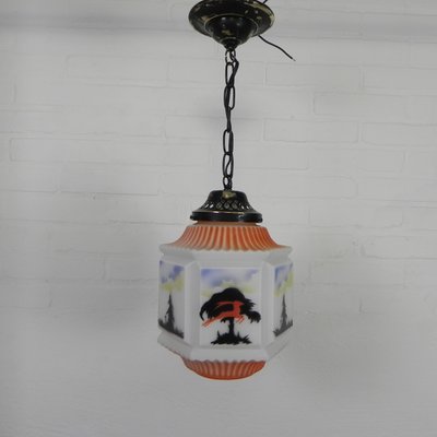 Art Deco Pendant Lamp with Glass Shade with Nature Scenes, 1930s-TL-2034829