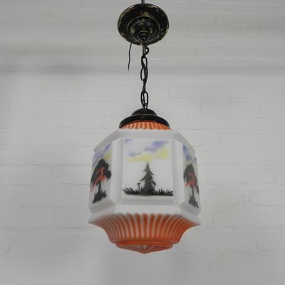 Art Deco Pendant Lamp with Glass Shade with Nature Scenes, 1930s-TL-2034829