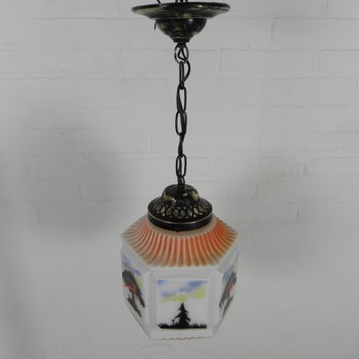 Art Deco Pendant Lamp with Glass Shade with Nature Scenes, 1930s-TL-2034829