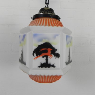 Art Deco Pendant Lamp with Glass Shade with Nature Scenes, 1930s-TL-2034829