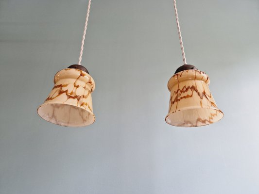 Art Deco Pendant Lights in Marbled Opaline Glass, 1920s, Set of 2-FAX-2033798