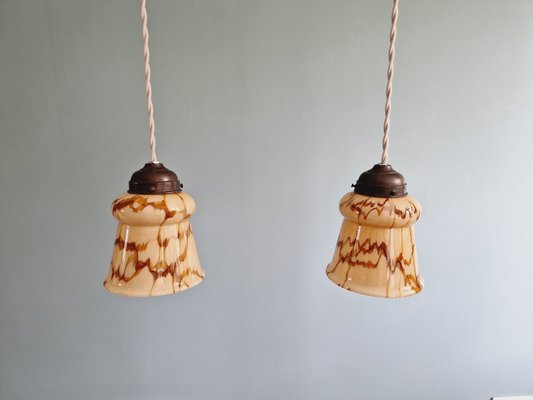 Art Deco Pendant Lights in Marbled Opaline Glass, 1920s, Set of 2-FAX-2033798