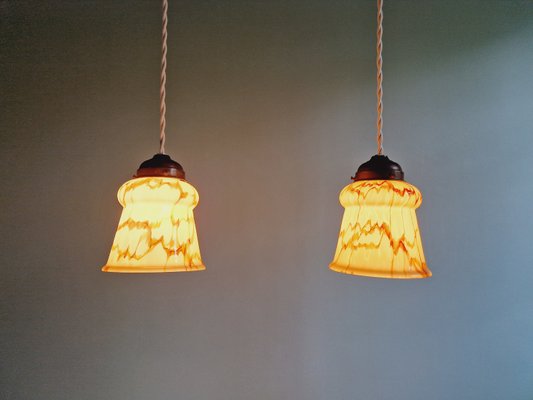 Art Deco Pendant Lights in Marbled Opaline Glass, 1920s, Set of 2-FAX-2033798