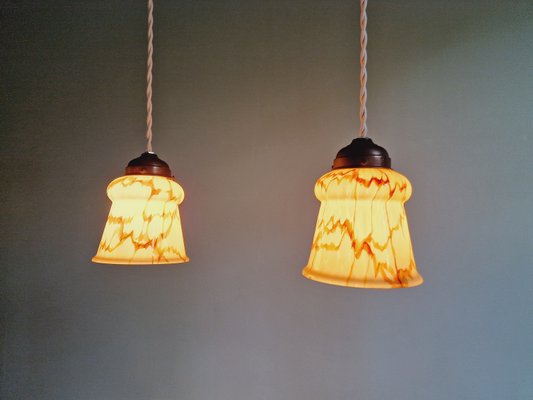 Art Deco Pendant Lights in Marbled Opaline Glass, 1920s, Set of 2-FAX-2033798