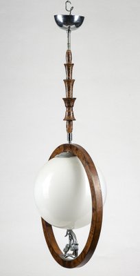 Art Deco Pendant with Walnut Wood & Dancer Holding Opaline Sphere-RAQ-1115446