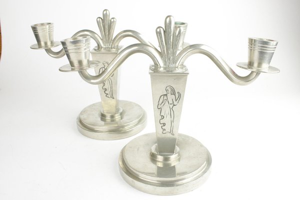 Art Deco Pewter Candleholders, 1940s, Set of 2-HYQ-1447471