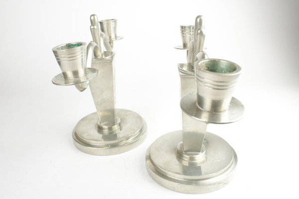 Art Deco Pewter Candleholders, 1940s, Set of 2-HYQ-1447471