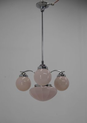 Art Deco Pink Glass Chrome-Plated Chandelier, 1930s-TZ-1158546