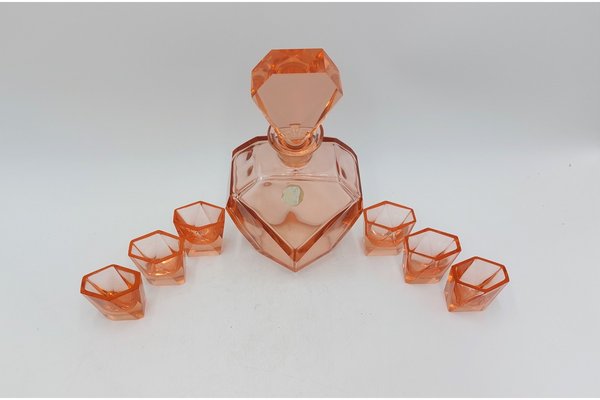 Art Deco Pink Glass Liquor Decanter and Glasses, Czech Republic, 1930s, Set of 7-BXB-1408963