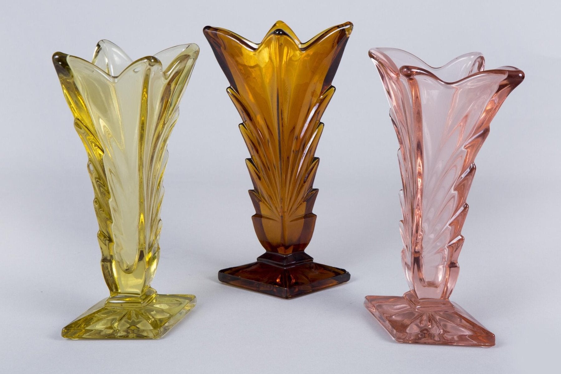 Art Deco Pink, Yellow and Orange Glass Vases, Bohemia, Set of 3