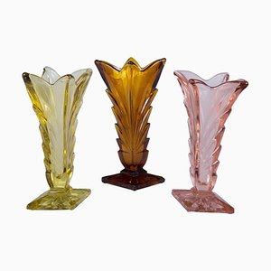 Art Deco Pink, Yellow and Orange Glass Vases, Bohemia, Set of 3-WHY-1004857