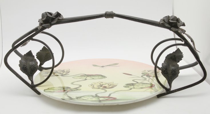 Art Deco Porcelain Gateau Plate with Handle or Carrier in Wrought Iron-MJY-1148866