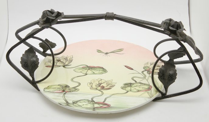 Art Deco Porcelain Gateau Plate with Handle or Carrier in Wrought Iron-MJY-1148866