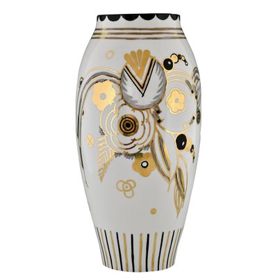 Art Deco Porcelain Vase with Flowers by Ernest Ventrillon for Les Arts Réunis, 1930s-KTN-1730000