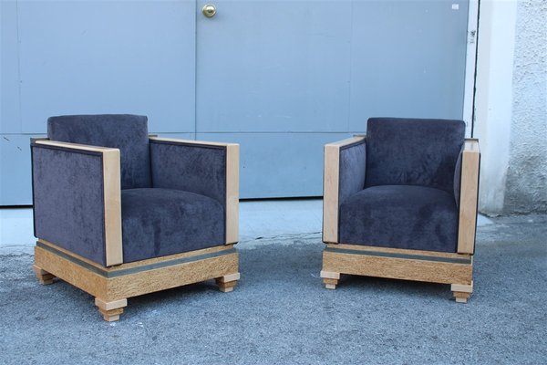 Art Deco Pozzetto Armchairs in Birch & Gray Velvet, 1930s, Set of 2-EH-1407393