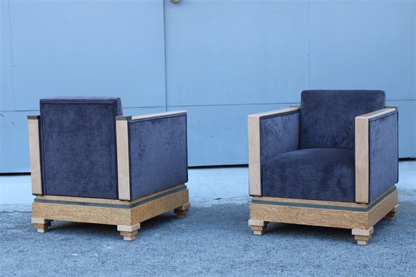 Art Deco Pozzetto Armchairs in Birch & Gray Velvet, 1930s, Set of 2-EH-1407393