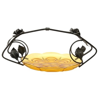 Art Deco Pressed Glass Gateau Dish with Handle or Carrier in Wrought Iron-MJY-1148972