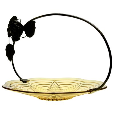 Art Deco Pressed Glass Gateau Dish with Handle or Carrier in Wrought Iron-MJY-1148867